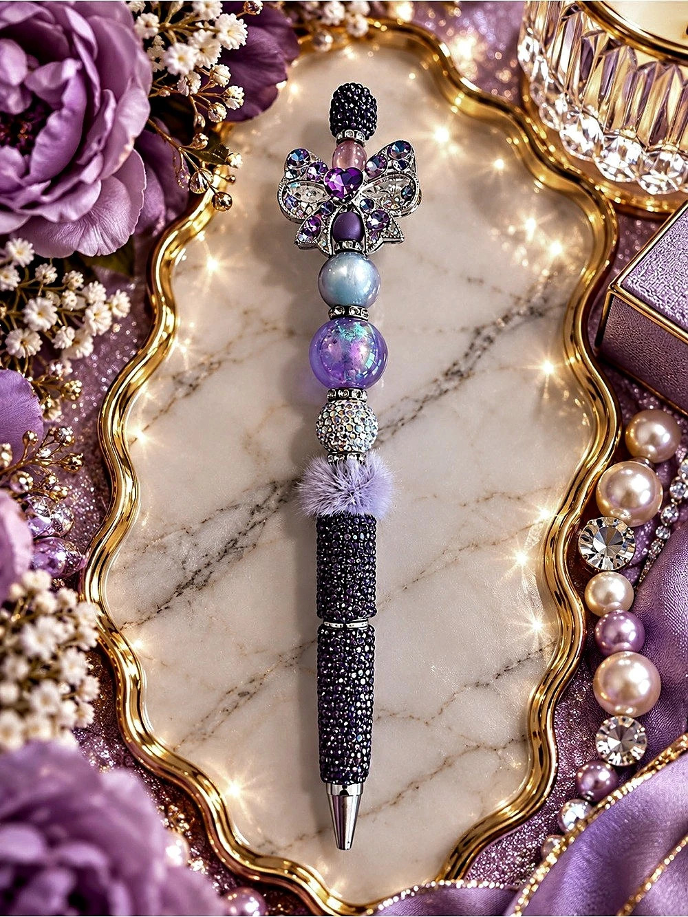 Purple Rhinestone Butterfly Beaded Stylus Pen Glam